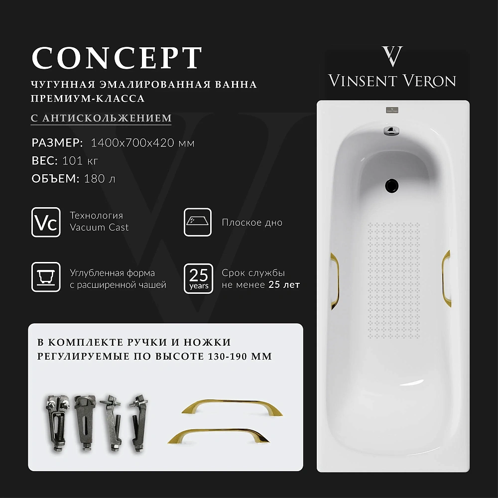 Ванна чугунная Vinsent Veron Concept 140x70x42 VCO1407042H/VH0012GD-AS с золотыми ручками и антискользящим покрытием — Изображение 2