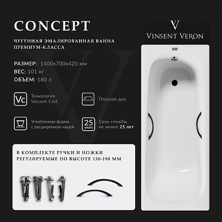 Ванна чугунная Vinsent Veron Concept 140x70x42 VCO1407042H/VH0015BL с черными матовыми ручками Ванна чугунная Vinsent Veron Concept 140x70x42 VCO1407042H/VH0015BL с черными матовыми ручками