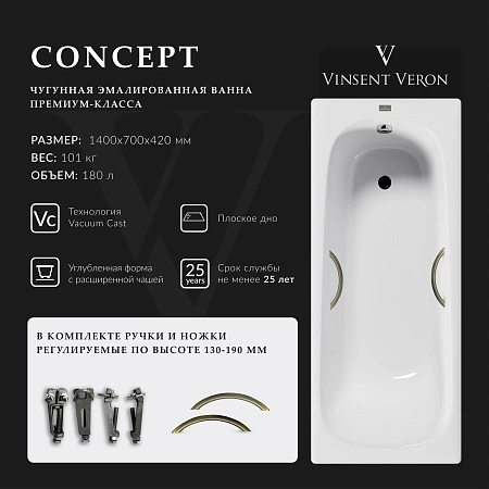 Ванна чугунная Vinsent Veron Concept 140x70x42 VCO1407042H/VH0015BR с бронзовыми ручками Ванна чугунная Vinsent Veron Concept 140x70x42 VCO1407042H/VH0015BR с бронзовыми ручками