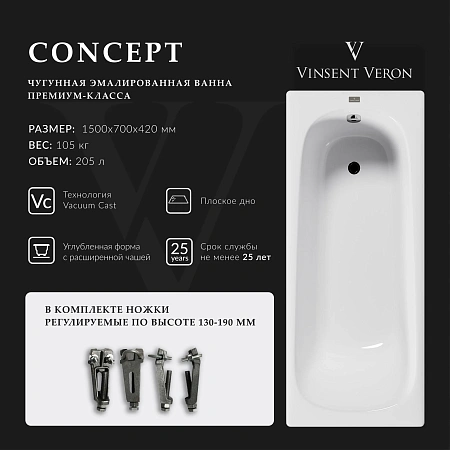 Ванна чугунная Vinsent Veron Concept 150x70x42 VCO1507042 Ванна чугунная Vinsent Veron Concept 150x70x42 VCO1507042