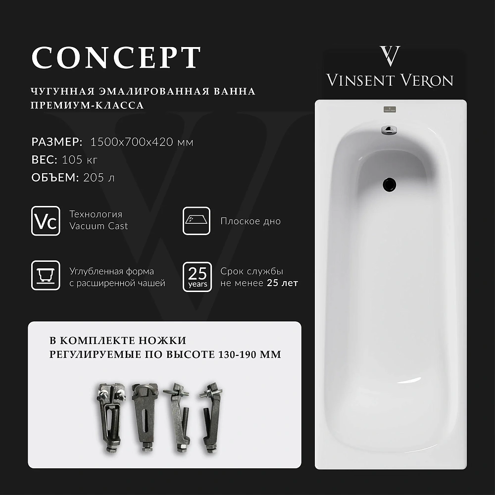 Ванна чугунная Vinsent Veron Concept 150x70x42 VCO1507042 — Изображение 2