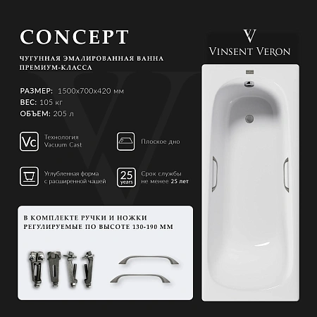 Ванна чугунная Vinsent Veron Concept 150x70x42 VCO1507042H/VH0012GM с ручками оружейная сталь Ванна чугунная Vinsent Veron Concept 150x70x42 VCO1507042H/VH0012GM с ручками оружейная сталь