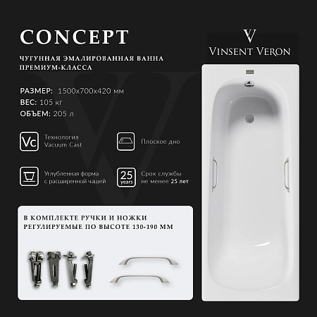 Ванна чугунная Vinsent Veron Concept 150x70x42 VCO1507042H/VH0012NI с ручками цвет никель Ванна чугунная Vinsent Veron Concept 150x70x42 VCO1507042H/VH0012NI с ручками цвет никель