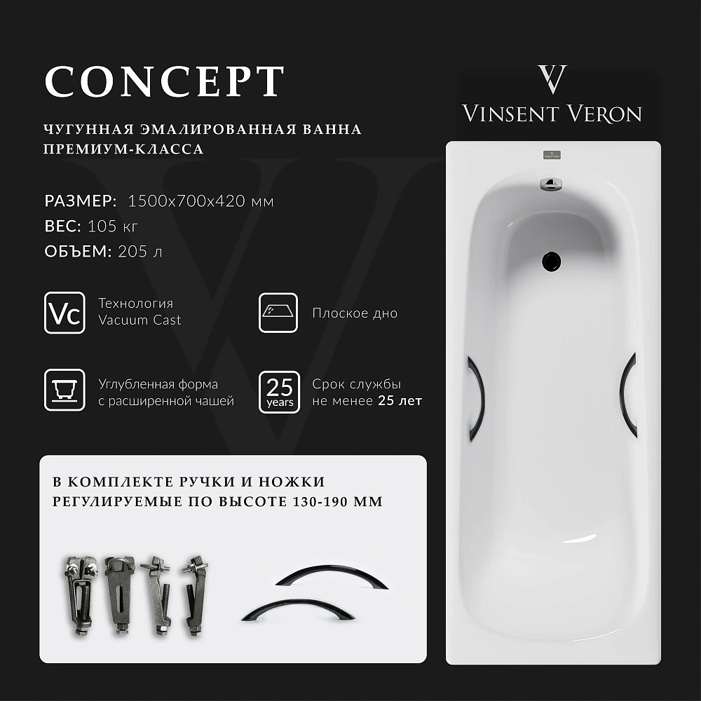 Ванна чугунная Vinsent Veron Concept 150x70x42 VCO1507042H/VH0015BL с черными матовыми ручками — Изображение 2