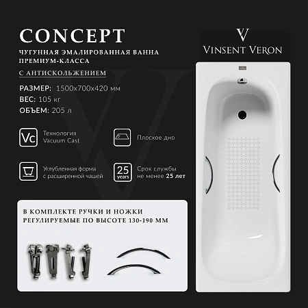 Ванна чугунная Vinsent Veron Concept 150x70x42 VCO1507042H/VH0015CH-AS с хромированными ручками и антискользящим покрытием Ванна чугунная Vinsent Veron Concept 150x70x42 VCO1507042H/VH0015CH-AS с хромированными ручками и антискользящим покрытием