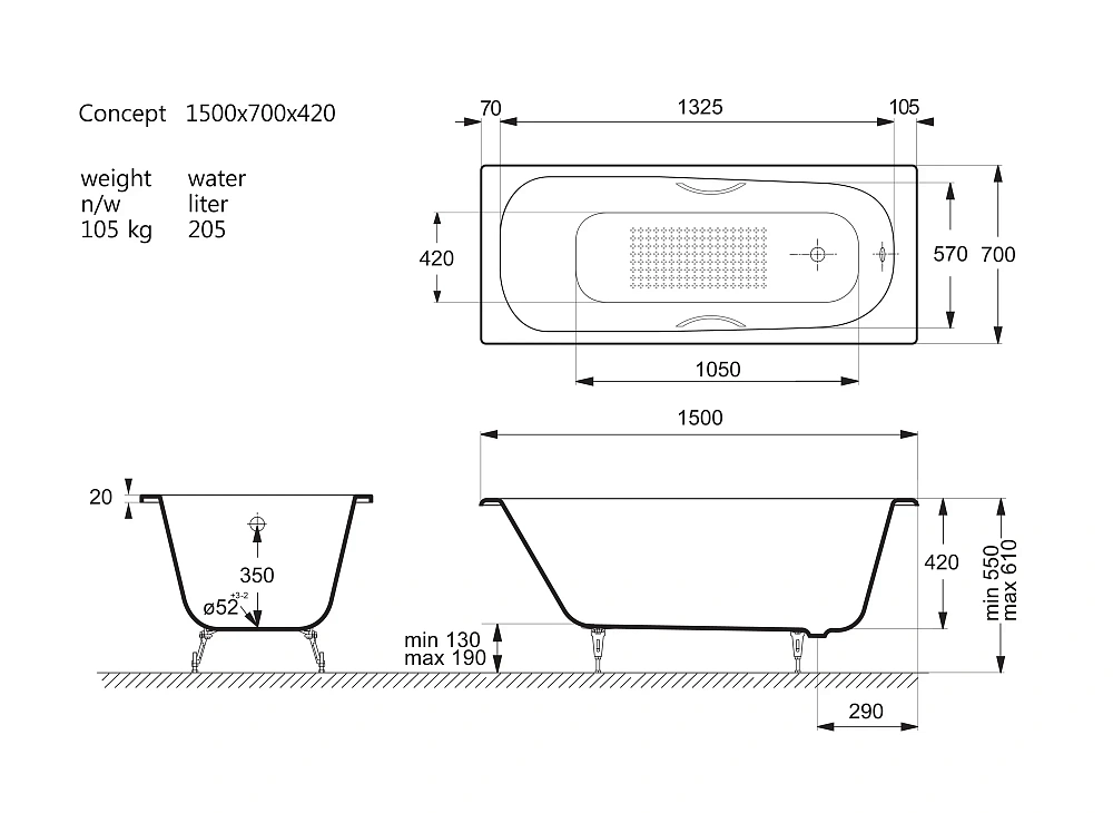 Ванна чугунная Vinsent Veron Concept 150x70x42 VCO1507042H/VH0015GM-AS с ручками оружейная сталь и антискользящим покрытием — Изображение 11