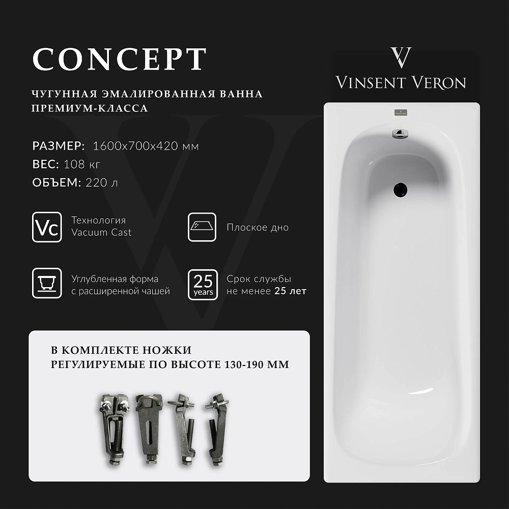 Ванна чугунная Vinsent Veron Concept 160x70x42 VCO1607042 — Изображение 2