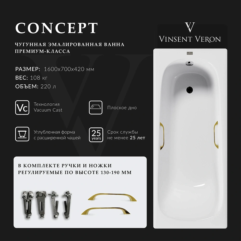 Ванна чугунная Vinsent Veron Concept 160x70x42 VCO1607042H/VH0012GD с золотыми ручками — Изображение 2