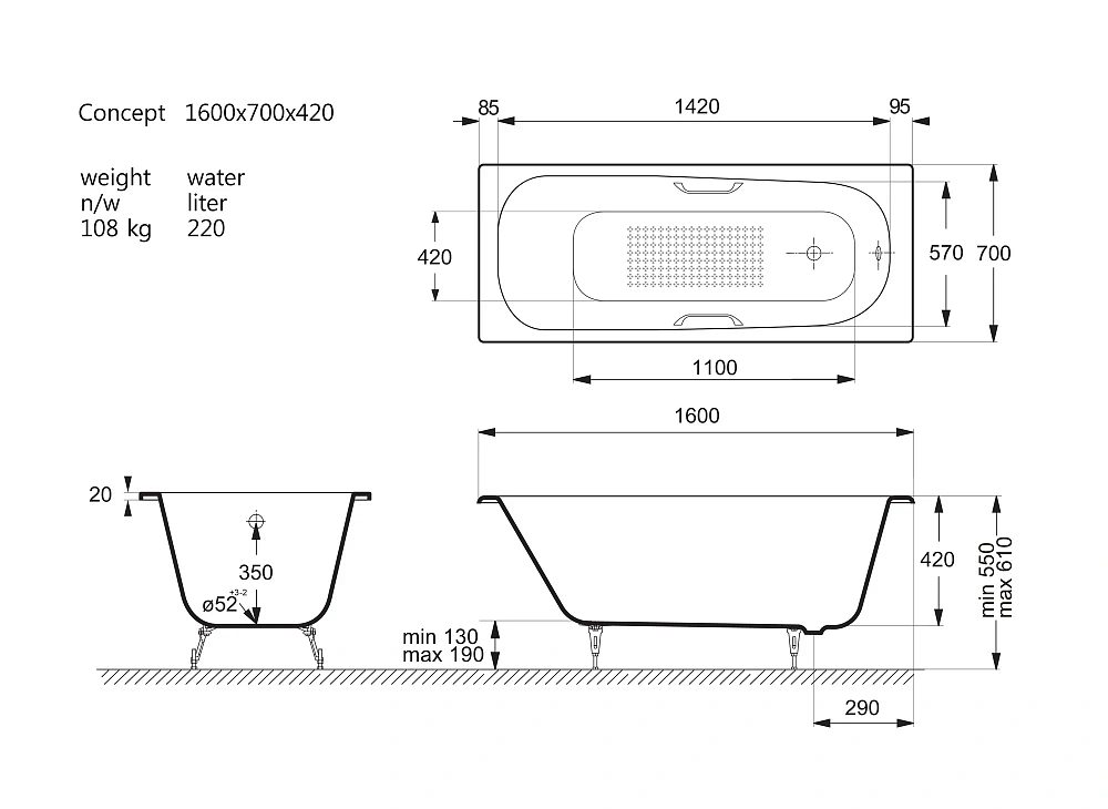Ванна чугунная Vinsent Veron Concept 160x70x42 VCO1607042H/VH0012GM-AS с ручками оружейная сталь и антискользящим покрытием — Изображение 11