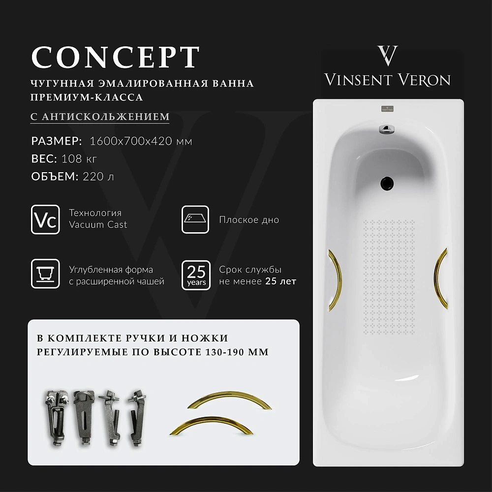 Ванна чугунная Vinsent Veron Concept 160x70x42 VCO1607042H/VH0015GD-AS с золотыми ручками и антискользящим покрытием — Изображение 2