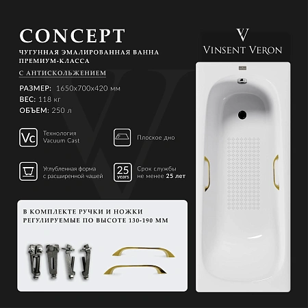 Ванна чугунная Vinsent Veron Concept 165x70x42 VCO1657042H/VH0012GD-AS с золотыми ручками и антискользящим покрытием Ванна чугунная Vinsent Veron Concept 165x70x42 VCO1657042H/VH0012GD-AS с золотыми ручками и антискользящим покрытием