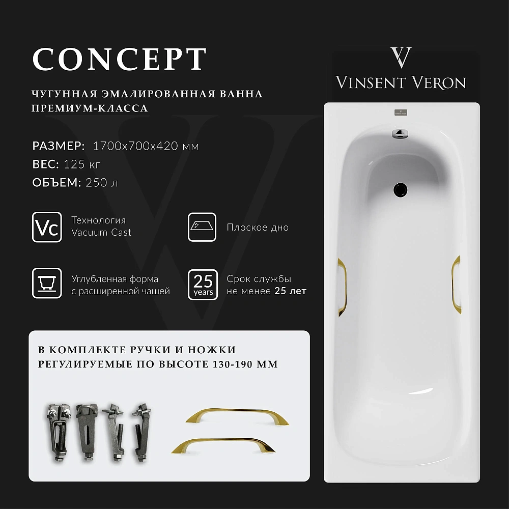 Ванна чугунная Vinsent Veron Concept 170x70x42 VCO1707042H/VH0012GD с золотыми ручками — Изображение 2