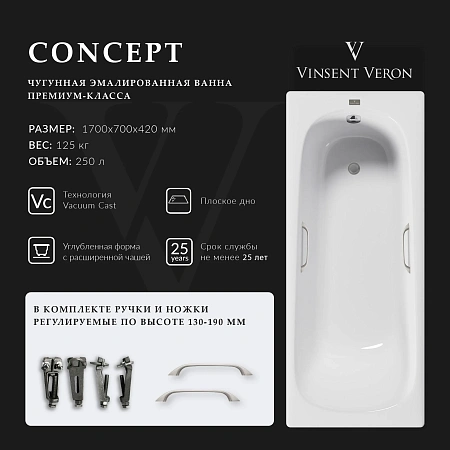 Ванна чугунная Vinsent Veron Concept 170x70x42 VCO1707042H/VH0012NI с ручками цвет никель Ванна чугунная Vinsent Veron Concept 170x70x42 VCO1707042H/VH0012NI с ручками цвет никель