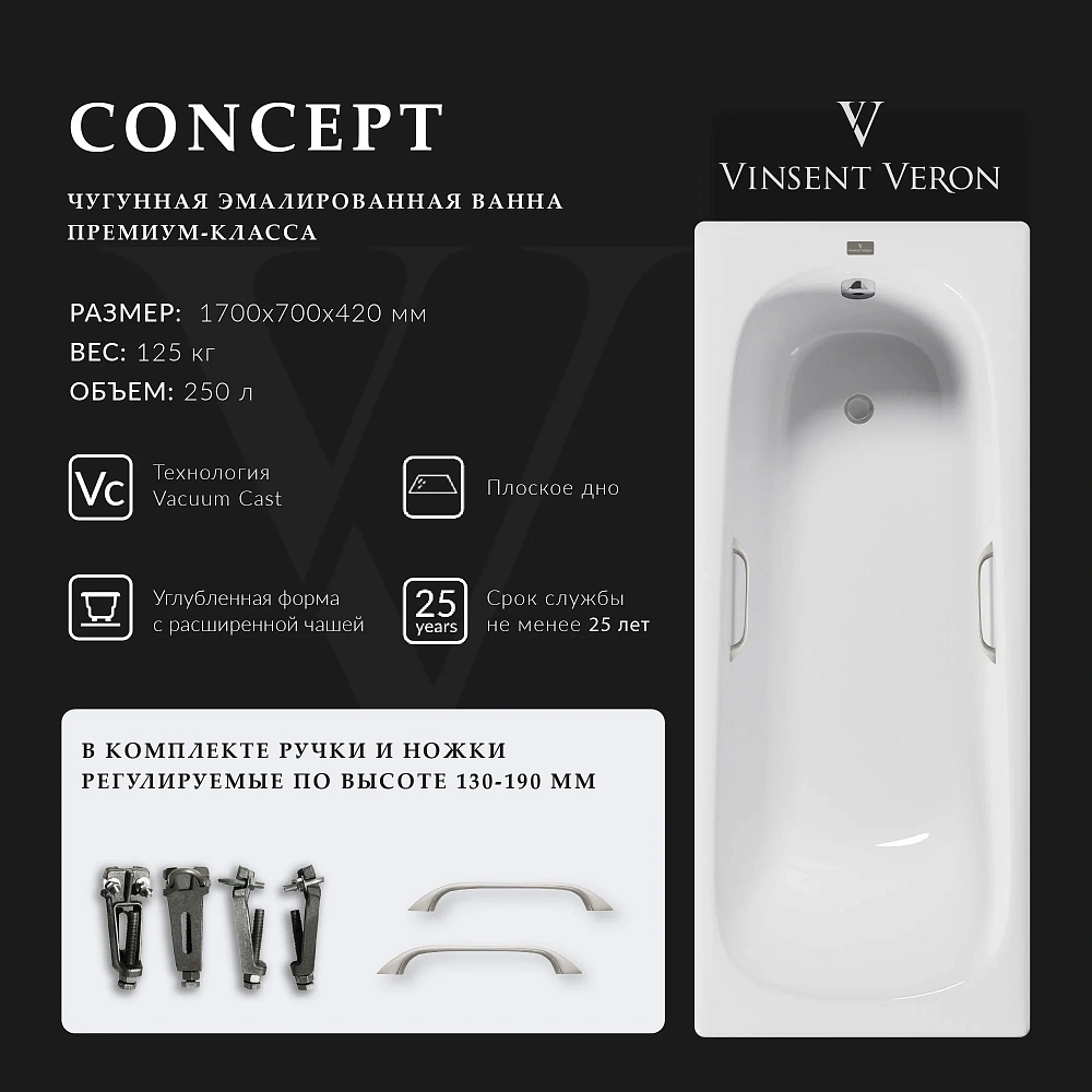 Ванна чугунная Vinsent Veron Concept 170x70x42 VCO1707042H/VH0012NI с ручками цвет никель — Изображение 2