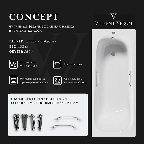 Ванна чугунная Vinsent Veron Concept 170x70x42 VCO1707042H/VH0012NI с ручками цвет никель Ванна чугунная Vinsent Veron Concept 170x70x42 VCO1707042H/VH0012NI с ручками цвет никель