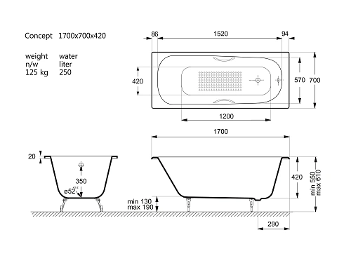 Ванна чугунная Vinsent Veron Concept 170x70x42 VCO1707042H/VH0015MGD-AS с ручками матовое золото и антискользящим покрытием Ванна чугунная Vinsent Veron Concept 170x70x42 VCO1707042H/VH0015MGD-AS с ручками матовое золото и антискользящим покрытием