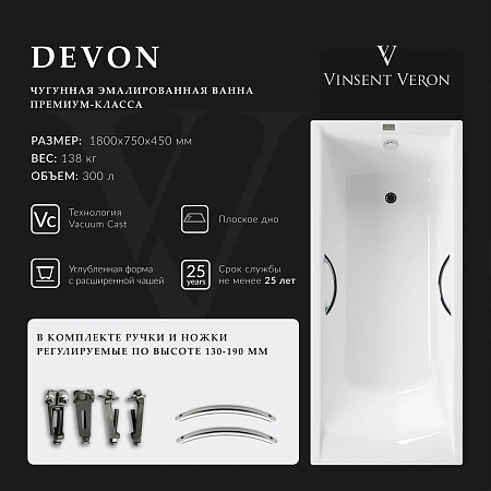 Ванна чугунная Vinsent Veron Devon 180x75x45 VDV1807545H/E60327CH с хромированными ручками Ванна чугунная Vinsent Veron Devon 180x75x45 VDV1807545H/E60327CH с хромированными ручками