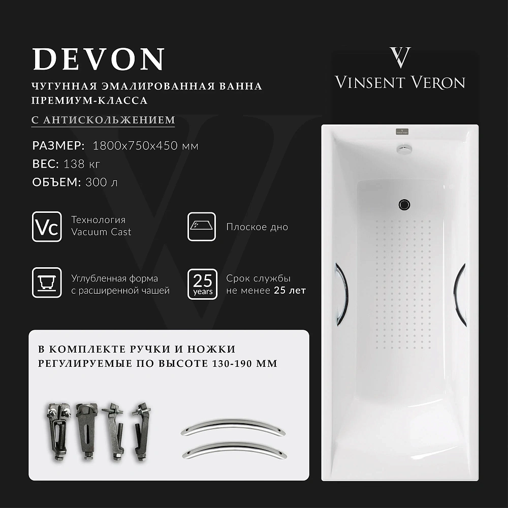 Ванна чугунная Vinsent Veron Devon 180x75x45 VDV1807545H/E60327CH-AS с хромированными ручками и антискользящим покрытием — Изображение 2
