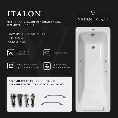 Ванна чугунная Vinsent Veron Italon 170x70x45 VIT1707045H/VH0012GM с ручками оружейная сталь Ванна чугунная Vinsent Veron Italon 170x70x45 VIT1707045H/VH0012GM с ручками оружейная сталь