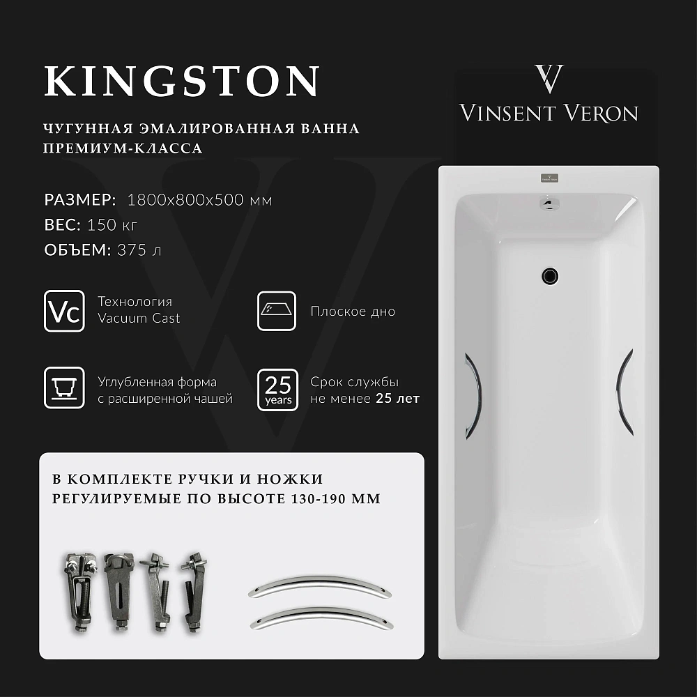 Ванна чугунная Vinsent Veron Kingston 180x80x50 VKN1808050H/E60327CH с хромированными ручками — Изображение 2