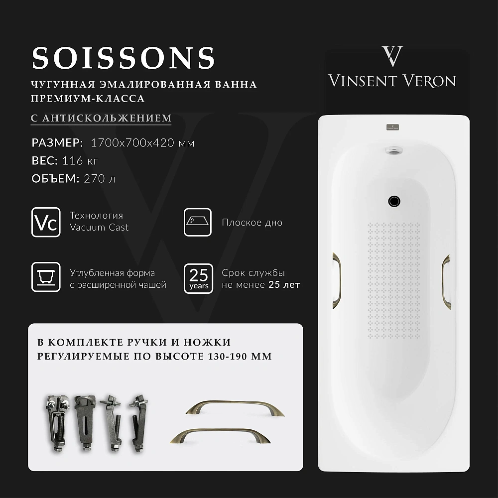 Ванна чугунная Vinsent Veron Soissons 170x70x42 VCN1707042H/VH0012BR-AS с бронзовыми ручками и антискользящим покрытием — Изображение 2