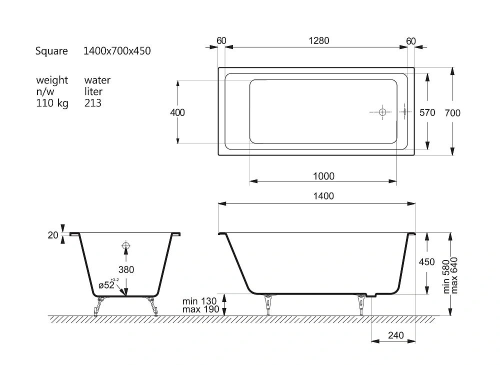 Ванна чугунная Vinsent Veron Square 140x70x45 VSQ1407045 — Изображение 11