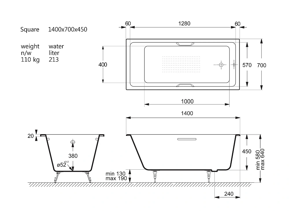 Ванна чугунная Vinsent Veron Square 140x70x45 VSQ1407045H/VH0012BL-AS с черными матовыми ручками и антискользящим покрытием — Изображение 11