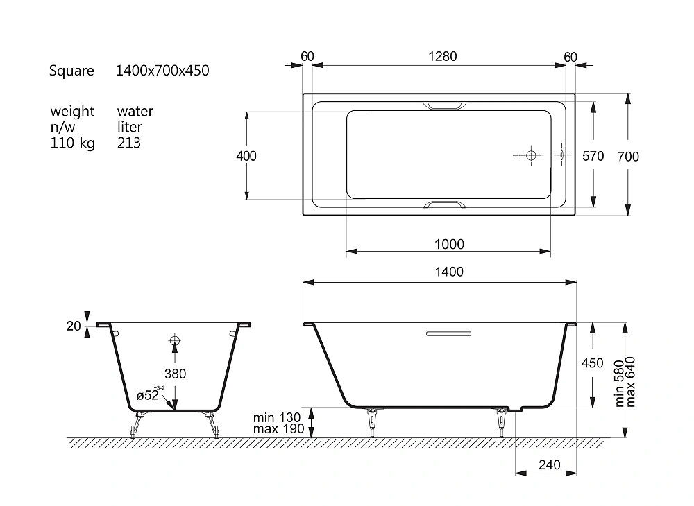 Ванна чугунная Vinsent Veron Square 140x70x45 VSQ1407045H/VH0012GD с золотыми ручками — Изображение 11
