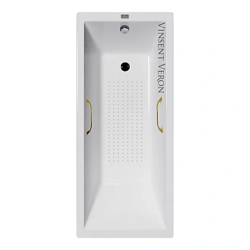 Ванна чугунная Vinsent Veron Square 140x70x45 VSQ1407045H/VH0012GD-AS с золотыми ручками и антискользящим покрытием