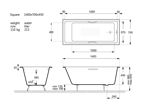 Ванна чугунная Vinsent Veron Square 140x70x45 VSQ1407045H/VH0012GD-AS с золотыми ручками и антискользящим покрытием Ванна чугунная Vinsent Veron Square 140x70x45 VSQ1407045H/VH0012GD-AS с золотыми ручками и антискользящим покрытием