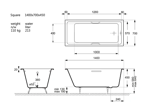 Ванна чугунная Vinsent Veron Square 140x70x45 VSQ1407045H/VH0012GM с ручками оружейная сталь Ванна чугунная Vinsent Veron Square 140x70x45 VSQ1407045H/VH0012GM с ручками оружейная сталь