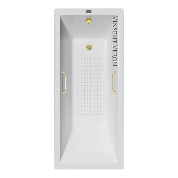 Ванна чугунная Vinsent Veron Square 140x70x45 VSQ1407045H/VH0012MGD-AS с ручками матовое золото и антискользящим покрытием