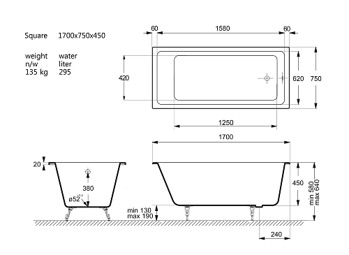 Ванна чугунная Vinsent Veron Square 170x75x45 VSQ1707545 Ванна чугунная Vinsent Veron Square 170x75x45 VSQ1707545