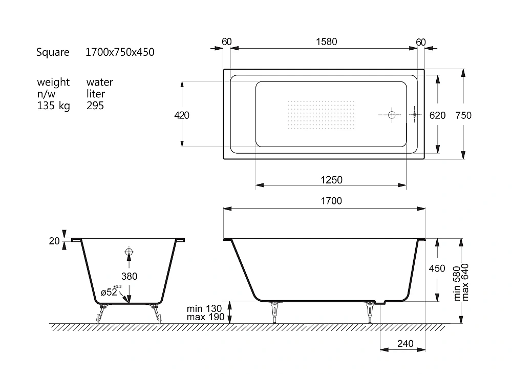 Ванна чугунная Vinsent Veron Square 170x75x45 VSQ1707545-AS с антискользящим покрытием — Изображение 11