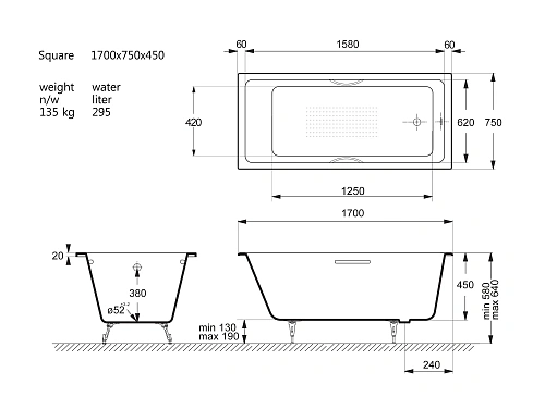 Ванна чугунная Vinsent Veron Square 170x75x45 VSQ1707545H/E60327CH-AS с хромированными ручками и антискользящим покрытием Ванна чугунная Vinsent Veron Square 170x75x45 VSQ1707545H/E60327CH-AS с хромированными ручками и антискользящим покрытием