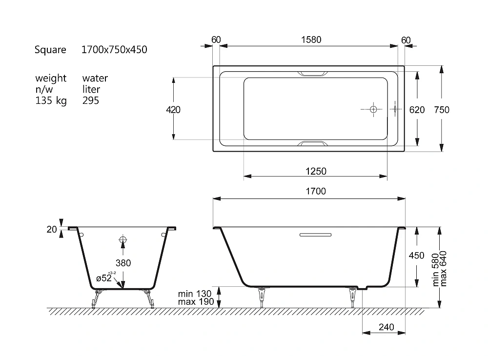 Ванна чугунная Vinsent Veron Square 170x75x45 VSQ1707545H/VH0012BL с черными матовыми ручками — Изображение 11
