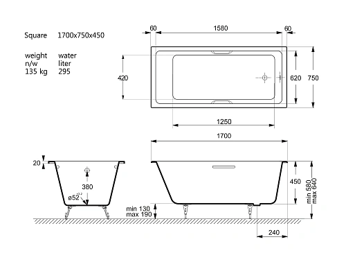 Ванна чугунная Vinsent Veron Square 170x75x45 VSQ1707545H/VH0012BR с бронзовыми ручками Ванна чугунная Vinsent Veron Square 170x75x45 VSQ1707545H/VH0012BR с бронзовыми ручками