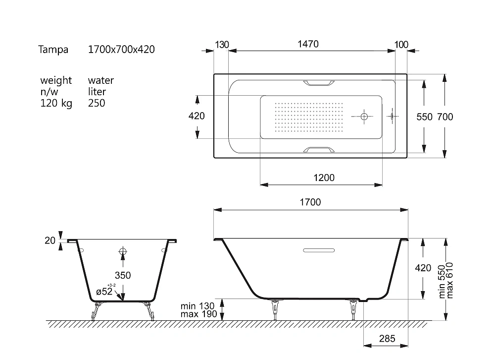 Ванна чугунная Vinsent Veron Tampa 170x70x42 VTP1707042H/VH0012NI-AS с ручками цвет никель и антискользящим покрытием — Изображение 11