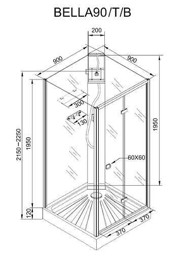 Душевая кабина Ceruttispa BELLA90B 90x90x215-225 Душевая кабина Ceruttispa BELLA90B 90x90x215-225