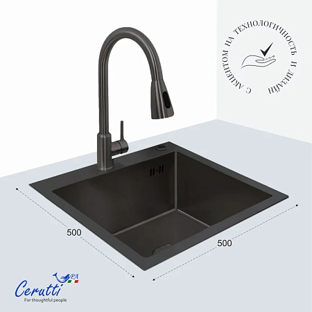 Кухонная мойка Ceruttispa GLORIA 50B CT11256 nano black графит из нержавеющей стали 500х500х220 Кухонная мойка Ceruttispa GLORIA 50B CT11256 nano black графит из нержавеющей стали 500х500х220