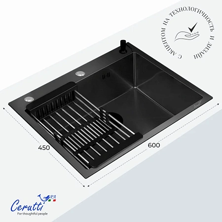 Кухонная мойка Ceruttispa GLORIA 6045B CT12250 nano black графит из нержавеющей стали 600х450х220 Кухонная мойка Ceruttispa GLORIA 6045B CT12250 nano black графит из нержавеющей стали 600х450х220