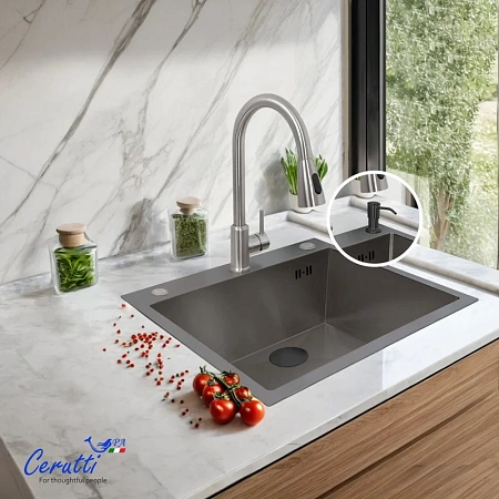 Кухонная мойка Ceruttispa GLORIA 60B CT11258 nano black графит из нержавеющей стали 600х500х220 Кухонная мойка Ceruttispa GLORIA 60B CT11258 nano black графит из нержавеющей стали 600х500х220