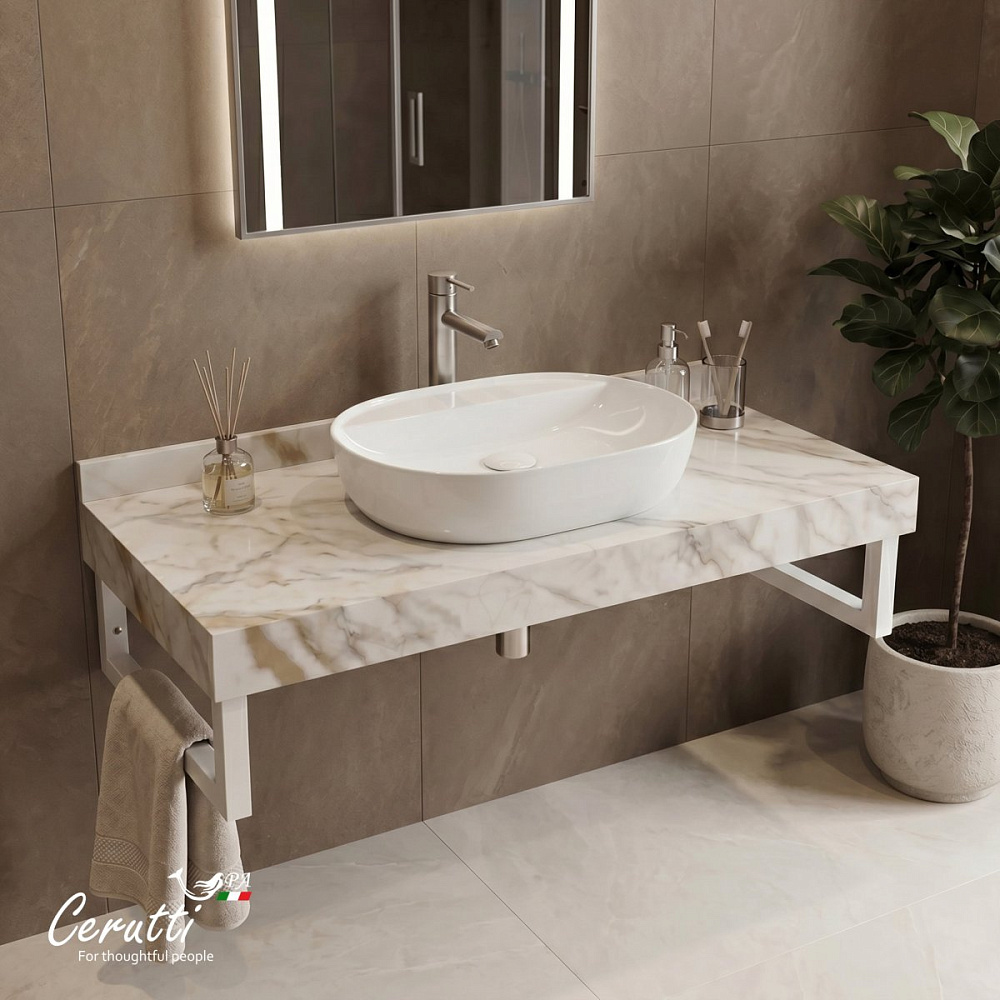 Столешница Ceruttispa CHIKA 80CG 800х470х120 CT12302 мрамор калакатта золотой с белыми полотенцедержателями — Изображение 6