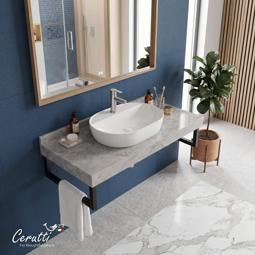 Столешница Ceruttispa MIMI 90GM 900х470х120 CT12307 серый мрамор с черными полотенцедержателями — Изображение 2