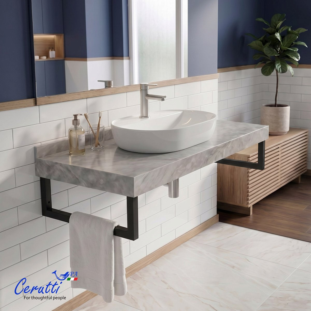 Столешница Ceruttispa MIMI 90GM 900х470х120 CT12307 серый мрамор с черными полотенцедержателями — Изображение 5