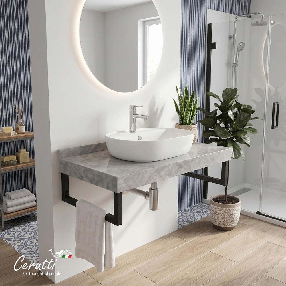 Столешница Ceruttispa MIMI 90GM 900х470х120 CT12307 серый мрамор с черными полотенцедержателями — Изображение 6
