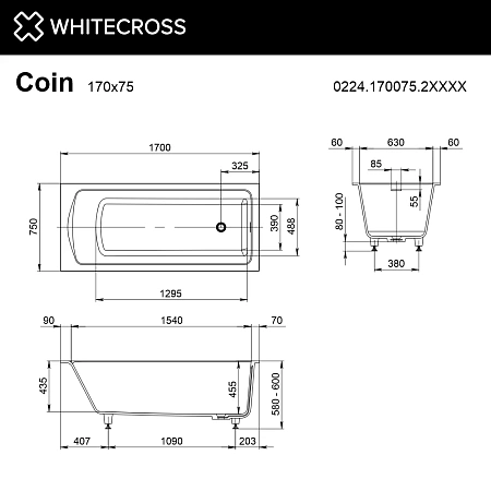 Ванна из искусственного камня WHITECROSS Coin 170x75 0224.170075.2XXXX RAL матовый Ванна из искусственного камня WHITECROSS Coin 170x75 0224.170075.2XXXX RAL матовый