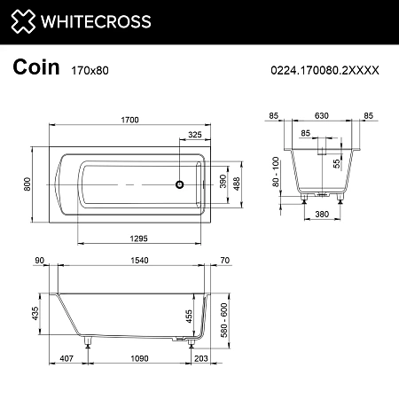 Ванна из искусственного камня WHITECROSS Coin 170x80 0224.170080.2XXXX RAL матовый Ванна из искусственного камня WHITECROSS Coin 170x80 0224.170080.2XXXX RAL матовый