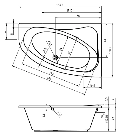 Акриловая ванна Riho LYRA 153 L BA6800500000000 Акриловая ванна Riho LYRA 153 L BA6800500000000