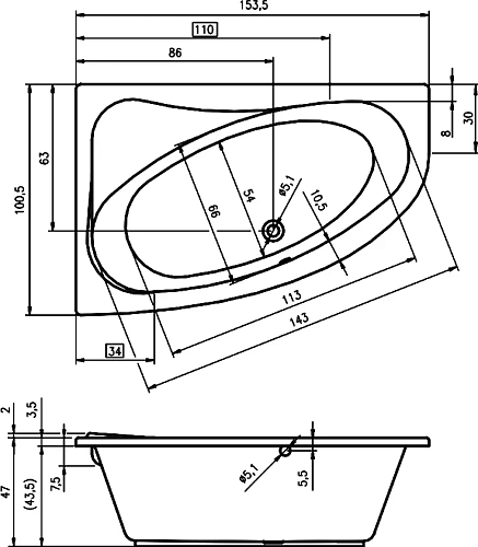 Акриловая ванна Riho LYRA 153 R BA6700500000000 Акриловая ванна Riho LYRA 153 R BA6700500000000